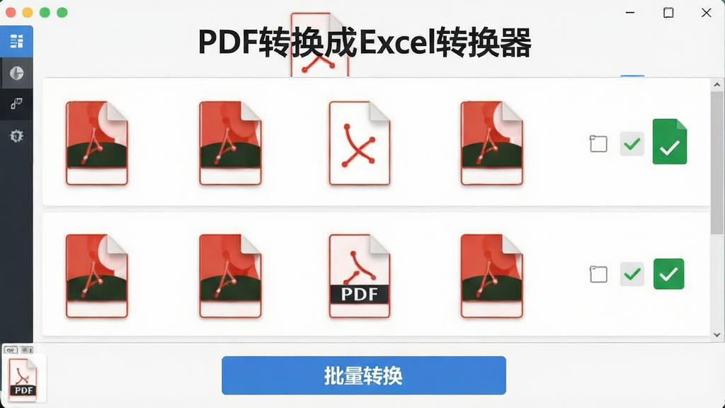һ��չʾ��PDFת����Excelת�����������������ܵ�ʾ��ͼ��������������������������Ķ��PDF�ļ�ͼ�꣬���ֲ������·ֲ��б�ʽ�Ű棬���Ϊ��ˬ����磬ϸ�ڰ���ÿ���ļ��Ҳ��ת��״̬�Թ����ײ�������ת����ť����������������ɾ����޶���Ԫ��
