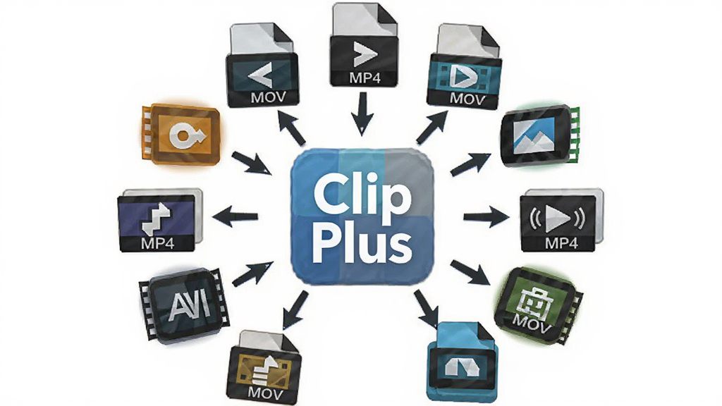 Clip Plus ���ʽ����ʾ��ͼ������Ϊ�����Ƶ�ļ�ͼ�껷������Logo������Ϊ���ķ���״�Ű棬���Ϊ���ͼ��磬ϸ�ڰ���MP4��AVI��MOV�ļ���ʶ���ͷ�����ʸ���ɾ��޶���Ԫ��