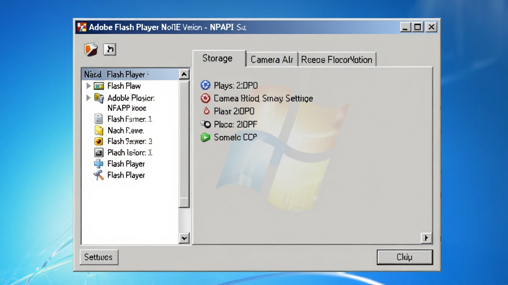 һ��չʾAdobe Flash Player ��IE�� - NPAPI ��������ĸ����ͼ�����������Ǿ����Flash Player���ù��������ڣ����Ϊ�����˵����Ҳ���ʾ���š��洢������ͷ����˷��ѡ������ڷ��ΪWindows��������ɫ������Ϊ�ɾ���ǳ��ɫ���䣬���岼�����������Ϊ������ͼչʾ��ϸ�ڰ���ͼ�ꡢ���ֱ�ǩ�밴ť�������������ɾ����޶���Ԫ��
