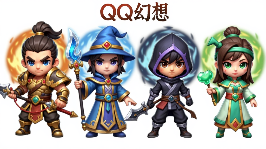 ��Ϸ��ɫչʾͼ������ΪQQ�����е�սʿ����ʦ���̿͡�ҩʦ�ĸ�ְҵ��ɫ����վ�������ֲ��ú������У��Ű��ɫ֮�䱣�ֵȾ࣬���ΪQ���й��翨ͨ��ϸ�ڰ��������ֳ�������������ɫ���Ρ������м�����Ч���Σ������д����֡�QQ���롱�����ʸ��壬�ɾ����޶���Ԫ��