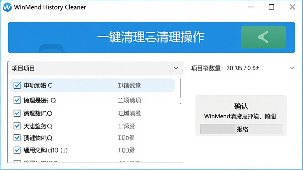 WinMend History Cleaner һ�������������棬����Ϊ��������ť�빴ѡ�б�������Ϊ�Ϸ���ť�·���Ŀ�б������Ϊ���ʵ�÷磬ϸ�ڰ�����ɫ������ť����ѡ����Ŀ����ͳ�ơ�ȷ����ʾ�򣬻���ɾ�����������������Ϊ���Ľ��棬����ɫ���԰׵�����Ϊ��