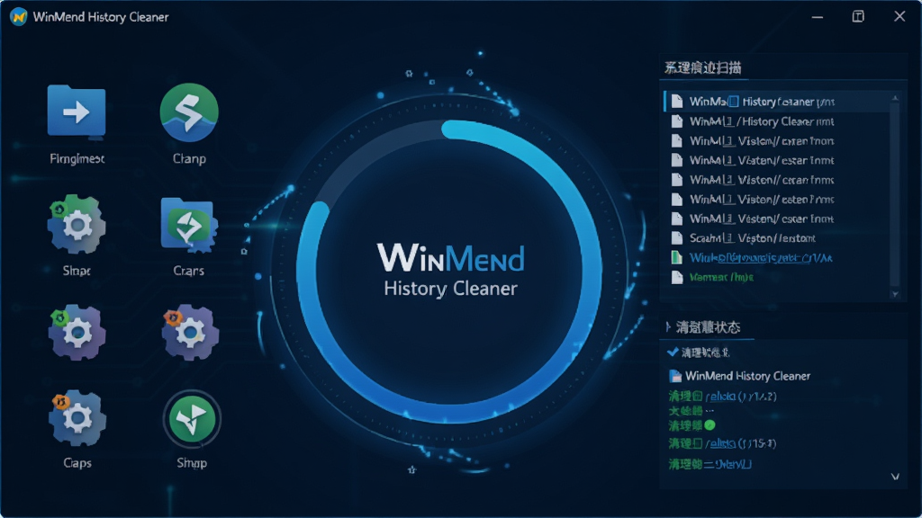 WinMend History Cleaner ϵͳ�ۼ�ɨ�蹦��ʾ��ͼ������Ϊ����ɨ����Ƚ��棬����Ϊ�����Բ������������Χ����ϵͳͼ��������ͼ�꣬���Ϊ��ɫ�Ƽ��磬ϸ�ڰ���ɨ�趯�����ļ�·���б�������״̬��ʶ������ɾ���������Ϣ�����ʸ��壬���ֱ�ע����������ɫ��������������Ϊ��
