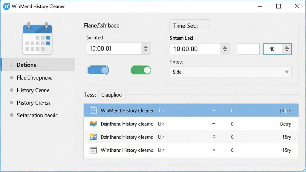 WinMend History Cleaner �ƻ��������ý��棬����Ϊ�������ô��ڣ�����Ϊ���ѡ���б��Ҳ�ʱ��������壬���Ϊ�����Լ�磬ϸ�ڰ�������ͼ�ꡢʱ��ѡ���������ذ�ť�������б�������ɾ����࣬���ʸ��壬��������������ɫ����ǳ������ɫΪ��