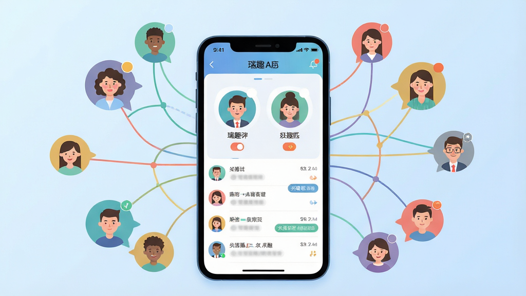 һ��չ����Ȥ�罻Ӧ�ú���ȫò�Ĳ廭�������������ֻ���Ļ����Ļ����ʾ��ȤAPP�Ľ���ƥ������������б�����Ļ��Χ�����Ŵ�����ͬ�û��Ŀ�ͨͷ�����ݣ�ͷ��ͨ����ɫ�����˴������γ��罻���磬��������͵�ǳ��ɫ���䣬�����������ִ���ƽ����ϸ�ڰ�����Ϣ��ʾСͼ�����Ȥ��ǩ�����������ɾ����޶���Ԫ��