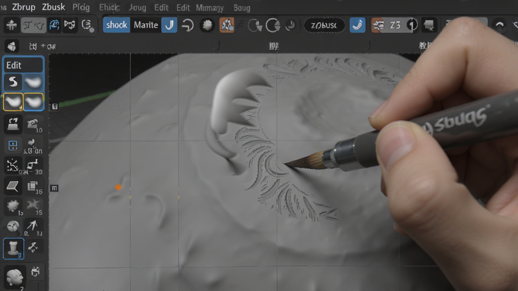 Zbrush ��������������д��չʾ�༭ģʽ�µı�ˢ��̹��̣�ģ�ͱ������ڱ���ϸ�̻���������Edit��ť���ָ���״̬��������Ϊרҵ��ѧ��ʾ�������������ɾ����޶���Ԫ��