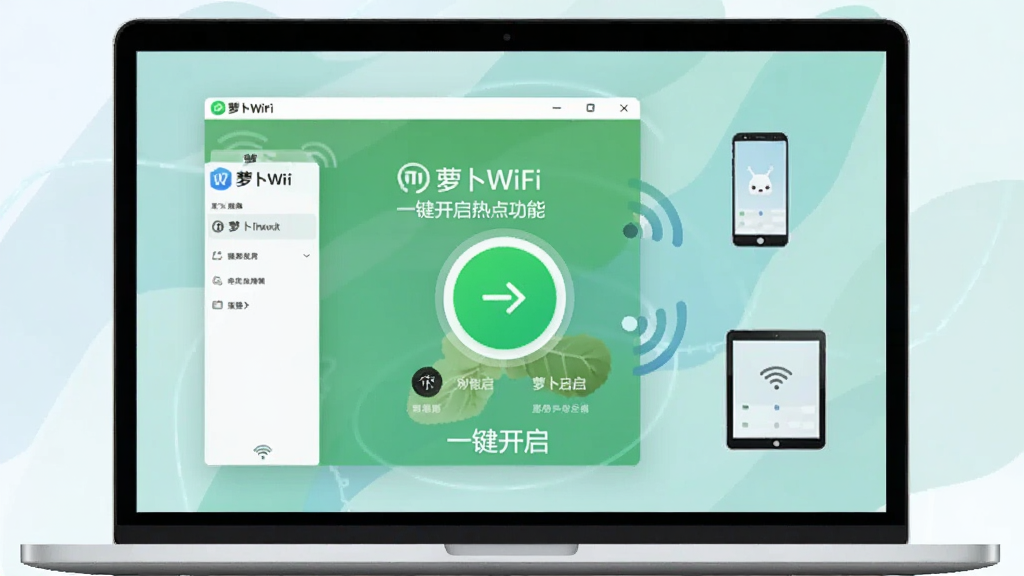 一张展示萝卜WiFi一键开启热点功能的图片,画面主体是一台笔记本电脑屏幕,屏幕上显示萝卜WiFi软件界面,一个醒目的圆形按钮处于开启状态,旁边有手机和平板电脑图标通过无线信号连接,背景为科技感浅色渐变,风格简洁明快,画质清晰,干净无多余元素,图片中打文字