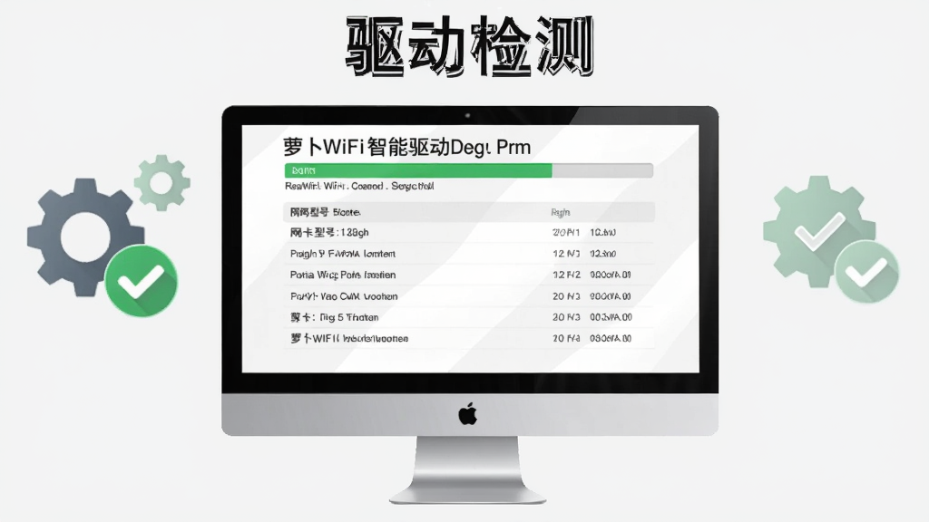一张展示萝卜WiFi智能驱动检测功能的图片,画面中央是一个电脑屏幕,屏幕上显示驱动检测进度条和网卡型号列表,旁边有齿轮和检查标记的图标,背景为浅灰色,风格专业简洁,画质清晰,干净无多余元素,图片中打文字