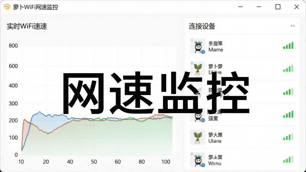 一张展示萝卜WiFi网速监控与设备管理界面的图片,画面中是一个软件窗口,左侧显示实时网速曲线图,右侧显示已连接设备列表,每台设备旁边有名称和信号强度图标,背景为白色,风格清爽简洁,画质清晰,干净无多余元素,图片中打文字