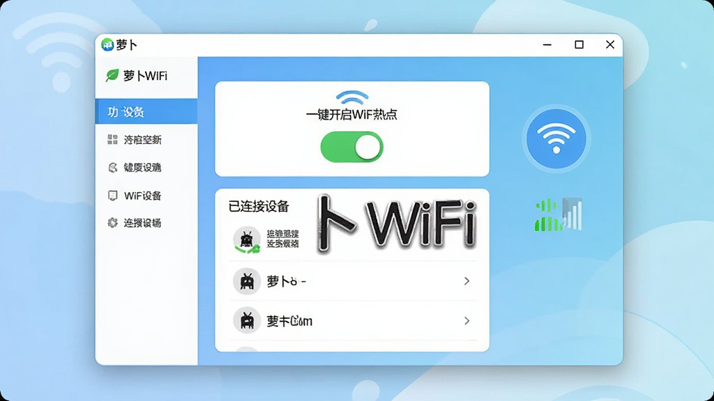 一张展示萝卜WiFi软件主界面的图片,画面中央是软件窗口,窗口内显示一键开启WiFi热点的开关按钮和已连接设备列表,窗口背景为浅蓝色渐变,左侧有功能导航栏,右侧有网络状态图标,整体风格简洁现代,画质清晰,干净无多余元素,图片中打文字