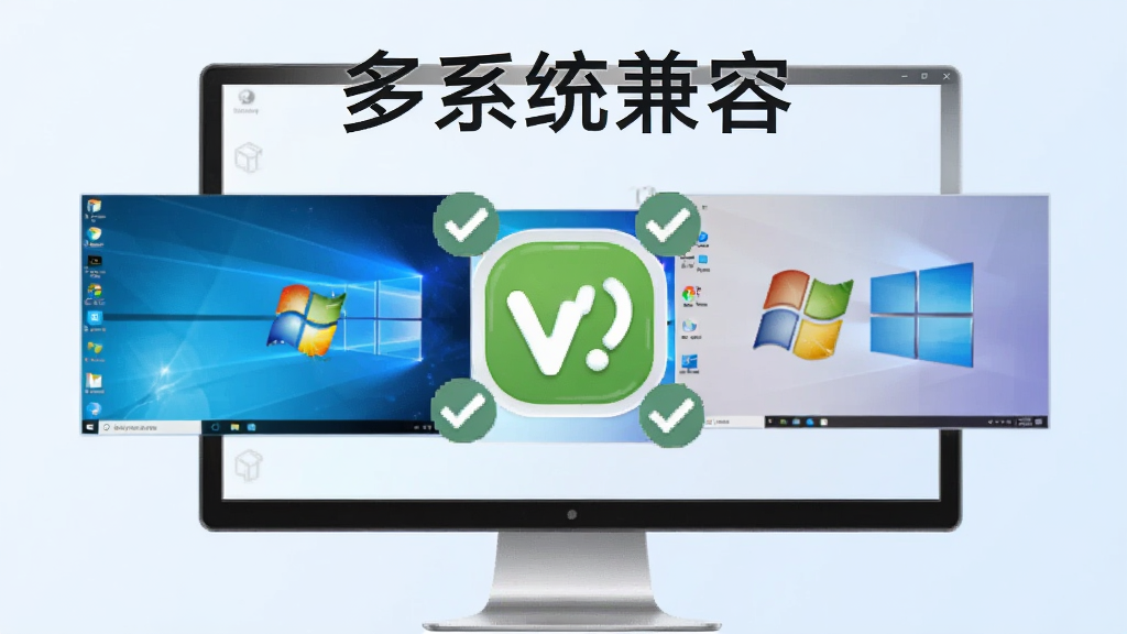一张展示萝卜WiFi多系统兼容特性的图片,画面中是一台电脑显示器,屏幕上同时显示Windows 7、Windows 10和Windows 11的界面缩略图,萝卜WiFi图标位于中央,周围有对勾标记,背景为浅蓝色,风格简洁现代,画质清晰,干净无多余元素,图片中打文字
