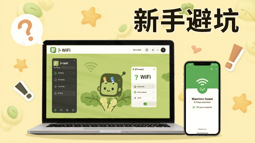 一张展示萝卜WiFi新手使用指南的图片,画面中是一台笔记本电脑和一部手机,电脑屏幕上显示萝卜WiFi软件界面,手机上显示WiFi连接成功的提示,周围有问号和感叹号图标表示注意事项,背景为浅黄色,风格友好亲切,画质清晰,干净无多余元素,图片中打文字