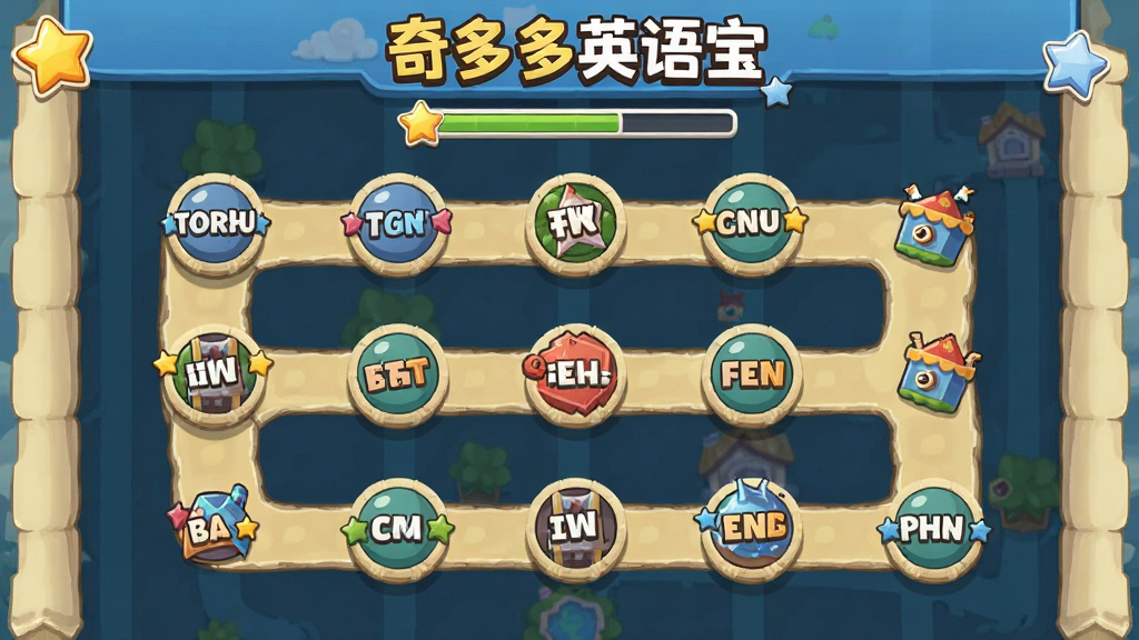 ������һ����Ϸ���ص�ͼ���棬��ͼ�Ϸֲ��Ŷ��Բ�ιؿ��ڵ㣬ÿ���ڵ��ע��ͬ��Ӣ�ﵥ��ͼ�������涥����ʾ