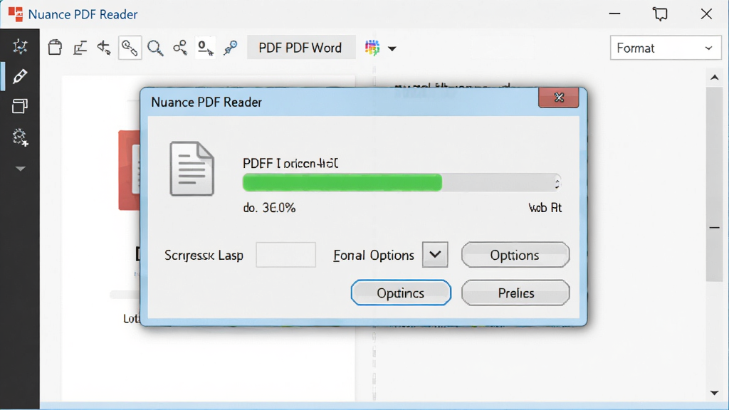 Nuance PDF Reader ����չʾͼ�������� PDF ת Word ��ת�����Ƚ��棬����Ϊ����Ի�����ʾת���������͸�ʽѡ�ť���Ű��࣬���Ϊ Windows ϵͳԭ���Ի�����ʽ��ϸ�ڰ����ļ�ͼ��ͽ��Ȱٷֱȣ������������ɾ����޶���Ԫ��