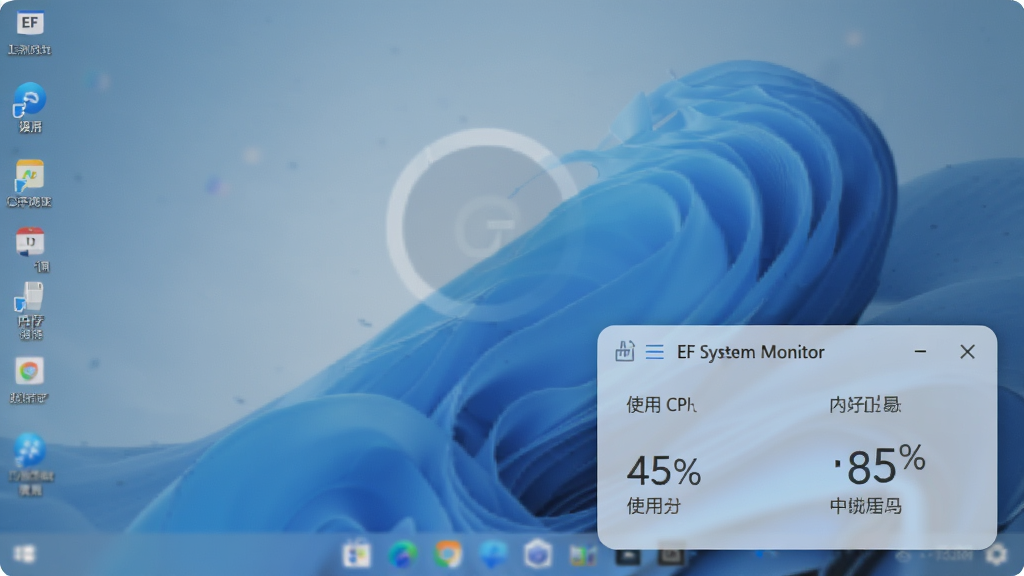 EF System Monitor��������������չʾ�������ǵ����������½�������һ����͸����С���ڣ���������ʾCPUʹ���ʺ��ڴ�ռ�ðٷֱȣ�����Ϊ���汳�������������Ű��࣬���Ϊ��������ϸ�ڰ�����������Բ����ƺͰ�͸��Ч�������ʸ��壬�ɾ����޶���Ԫ��