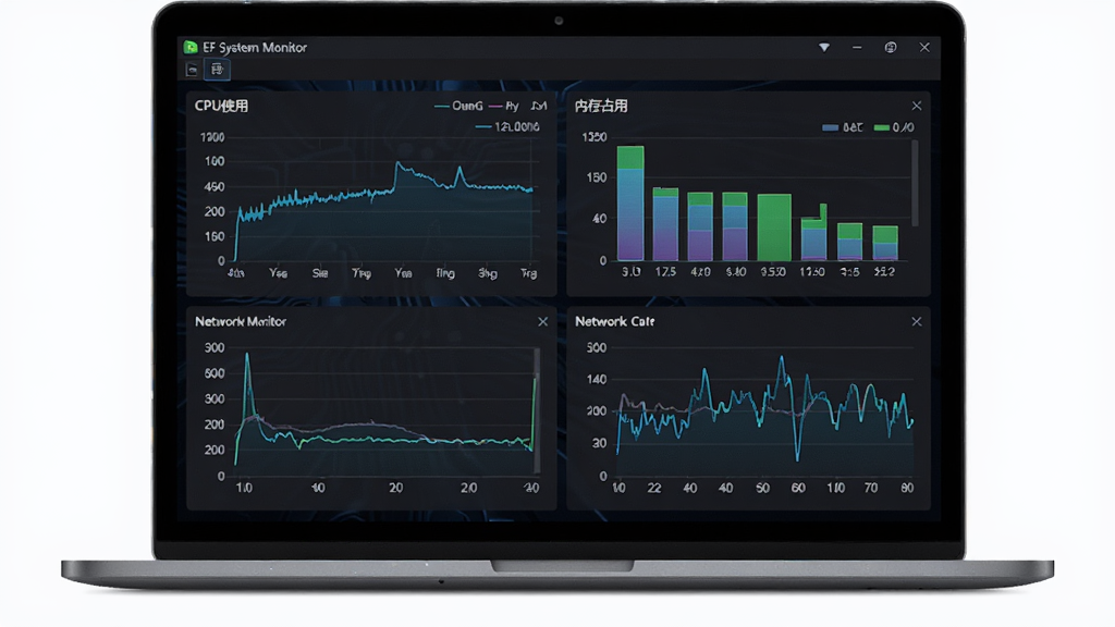 ����ȫòչʾ��������һ̨���еıʼǱ�������Ļ����Ļ����ʾ��EF System Monitor�������棬�����а���CPUʹ��������ͼ���ڴ�ռ������ͼ��������������ͼ�ȶ�����ģ�飬�����������룬�Ű�Ϊ����չʾ���������棬���Ϊ�Ƽ�����ɫ���⣬ϸ�ڰ��������ϵ���ֵ��ǩ�Ͷ�̬ͼ�������ʸ��壬�ɾ����޶���Ԫ��