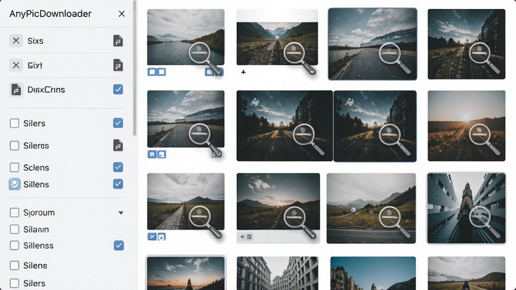 һ��չʾAnyPicDownloaderͼƬԤ��ɸѡ���ܵ�ͼƬ������Ϊ����ͼ������ɸѡ�����������Ϊ���ɸѡ�������Ҳ�ͼƬԤ�������Ű���գ����Ϊǳɫ����磬ϸ�ڰ����ߴ��ǩ����ʽͼ�ꡢ��ѡ��Ԥ���Ŵ󾵣������������ɾ����޶���Ԫ��
