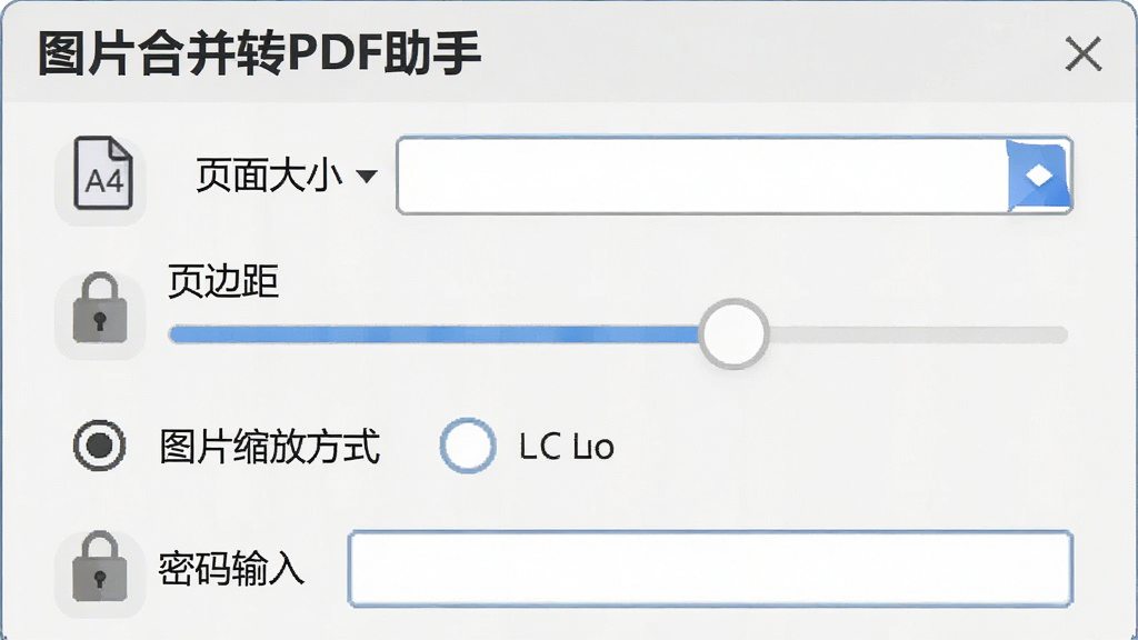 ����չʾ��ͼƬ�ϲ�תPDF���֡������Ĺ������������д������Ϊ�������е�ѡ���б�������ҳ���С�����˵���ҳ�߾໬�顢ͼƬ���ŷ�ʽ��ѡ���Լ���������򣬷��Ϊ�ִ���ƽ����ƣ�ϸ����ʾA4ֽ��ͼ�������ͼ�꣬�������������ɼ��������������ɾ����޶���Ԫ��