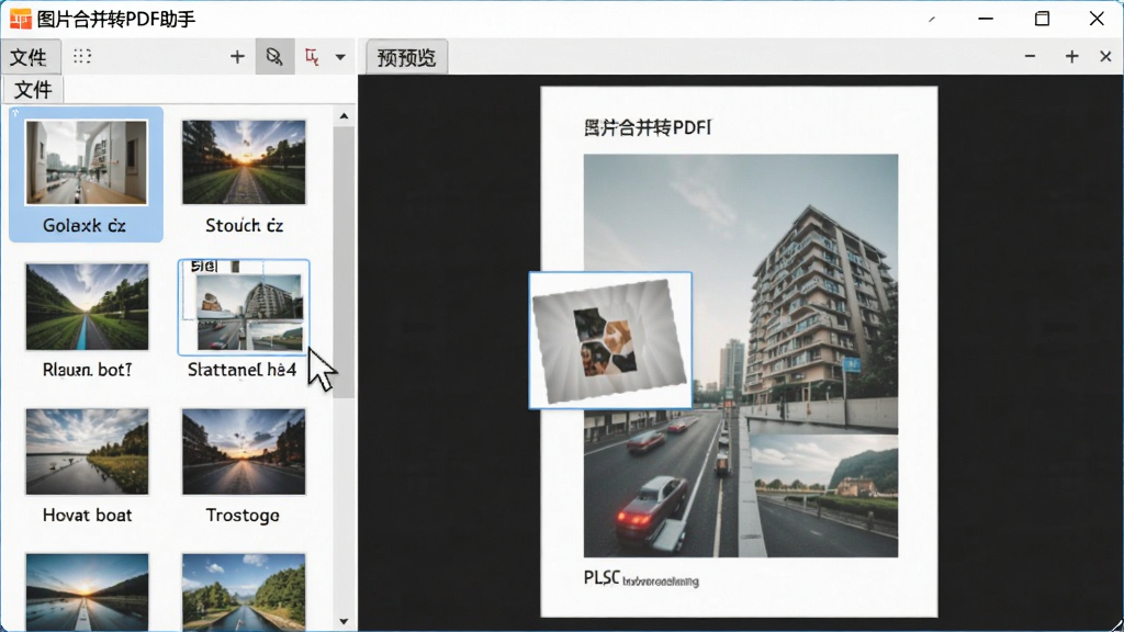��������Ϊ��ͼƬ�ϲ�תPDF���֡������������棬���ֲ������ҷ�����������ļ��б�������ʾ����ͼƬ����ͼ���ļ������Ҳ��Ǵ����Ԥ�����ڣ�չʾ�ϲ����PDFҳ��Ч��������������������ϸ�ڰ������ָ��������קͼƬ�������򣬽�������Ϊ���ģ������������ɾ����޶���Ԫ��