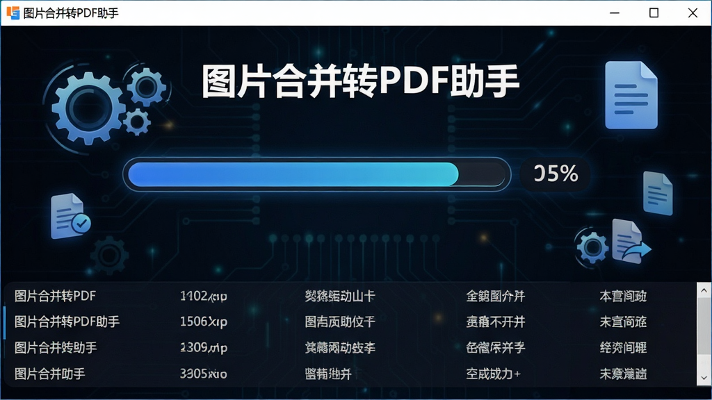 ��������Ϊ��ͼƬ�ϲ�תPDF���֡���������ִ�кϲ�����Ľ��Ƚ��棬������������Ŀ�Ľ������Ͱٷֱ����֣��·�������ʾ���ڴ�����ͼƬ�ļ���������Ϊ��ɫ�Ƽ��з��ϸ�ڰ���������ת�ĳ���ͼ����ĵ�ͼ�꣬�����������ɾ����޶���Ԫ��