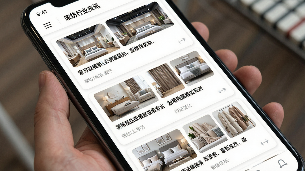 �Ҽҷ���ҵ��Ѷҳ�棬�ֻ���Ļ��ʾ��Ѷ�����б���ÿƪ�������мҷ�չ�����ƷͼƬ��������Ŀ������Ϊ��ɫ��Ƭʽ���֣������Ѷ�Ķ���Ӧ�ã�ϸ�ڷḻ�������������޶������