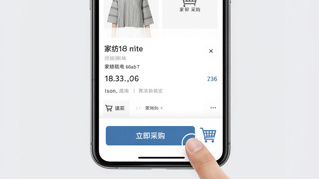 �Ҽҷ�һ���µ��������棬�ֻ���Ļ��ʾ��Ʒ����ҳ���ײ��������ɹ���ť���Ա��й��ﳵͼ�꣬����������ָ�����ť�Ķ���ʾ�⣬����Ϊǳ��ɫ�������ֱ�ۣ�ϸ�ڵ�λ�����ʸɾ����޶���װ��