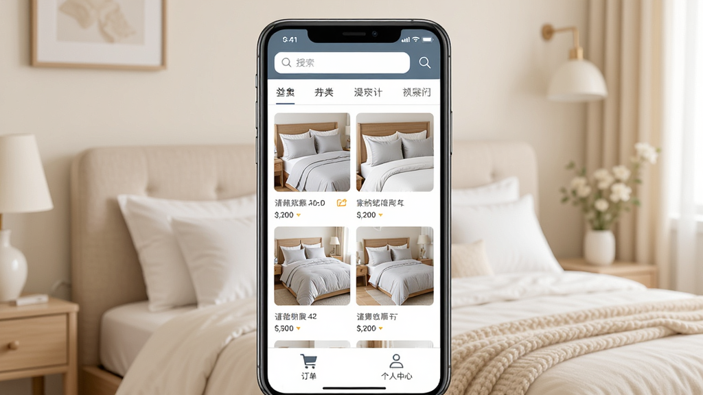 �Ҽҷ�Ӧ��������չʾ������������һ�������ֻ�����Ļ�ڳ��ּҷ���Ʒ�б������������������׵Ȳ�Ʒ����ͼ���������������ͷ��ർ�����ײ�Ϊ���������������ڣ�����Ϊ����װ�ɫ�Ҿӳ��������дʵ��Լ��ϸ�����������ʸɾ��������޶���Ԫ��