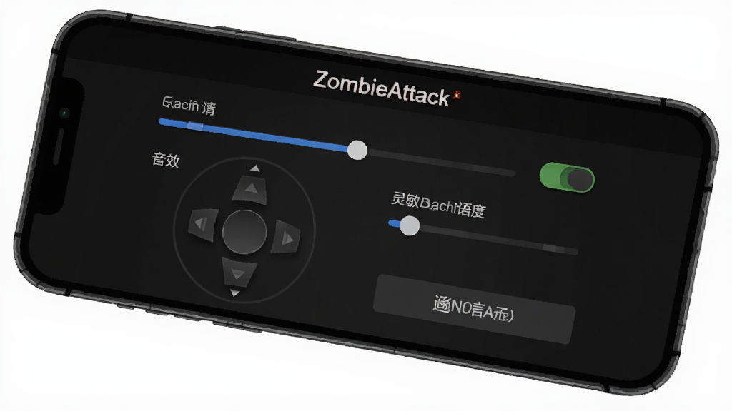 �ֻ���Ļ��ʾZombieAttack��Ϸ���ý��棬�������л��ʵ��ڻ��顢��Ч���ء�����ҡ��������ѡ��������ѡ��ť������������ɫ���⣬��������Ϸ����