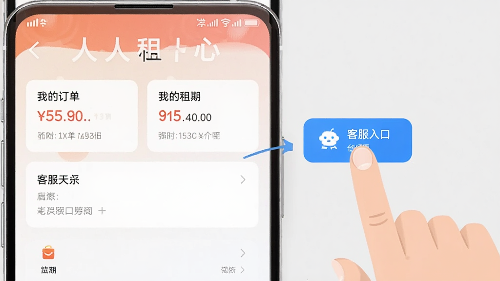 �ֻ���Ļ��ʾ������APP�ĸ�������ҳ�棬�����ҵĶ������ҵ����ڡ��ͷ���ڵ�ģ�飬�Ա�����ָ����ͷ���ť�Ķ���ʾ�⣬����Ϊǳ��ɫ����������죬�����������Ű湤�����޶���Ԫ��