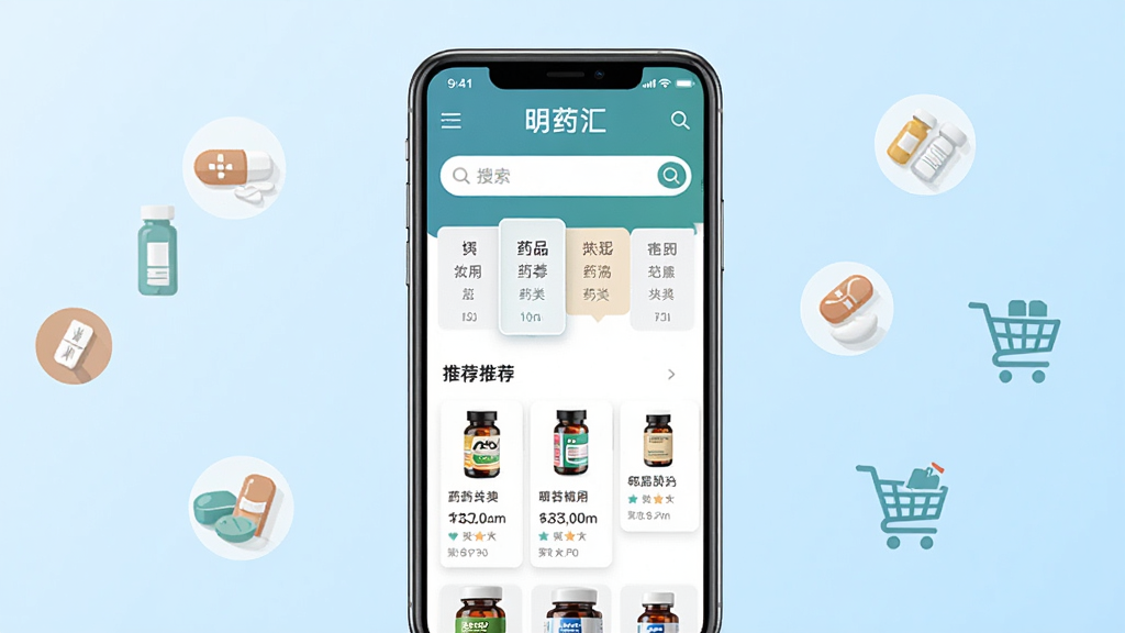 һ��չʾ��ҩ���ֻ�Ӧ�ý����ͼƬ������������һ���ִ������ֻ�����Ļ����ʾ��ҩ��APP��ҳ������ҩƷ���ർ������������Ƽ�ҩƷ�б��������Ǽ���ǳ��ɫ���䣬��Χ����ҩƷͼ��͹��ﳵ���ţ����岼�����������Ϊ��ƽ��UI��ƣ�ϸ�ھ��£����ʸ��壬�ɾ��޶���Ԫ��