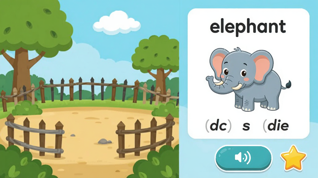 Ħ���׶�Ӣ���龰������ѧϰ���棬�������Ϊ����԰�������Ҳ�չʾ���ʿ�Ƭ��elephant������Ƭ���д���ͨͼ�����꣬�ײ��з�����ť�����ǽ���ͼ�꣬�������ҷ������Ű����࣬���Ϊ��ƽ��ͨ��ϸ�ڰ���Χ������ľ���ƶ䣬���ʸ��壬�ɾ����޶���Ԫ��