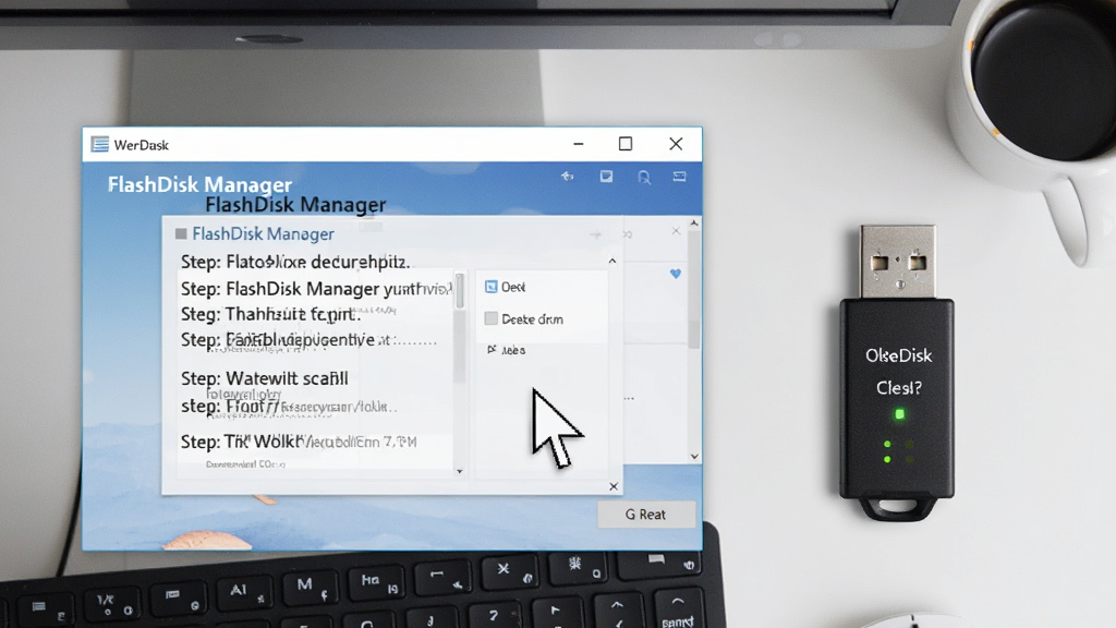 һ��չʾ FlashDisk Manager ʹ��ָ�ϳ�����ͼƬ������Ϊ���������ϵ���������������Աߵ�U��ʵ�����Ϊ���ӽǶȣ��Ű���Ȼ�����Ϊдʵ�칫�磬ϸ�ڰ������ָ�롢�����������֡�U��ָʾ�ƣ�����ɾ����࣬�����������ʺϽ̳���ͼ��