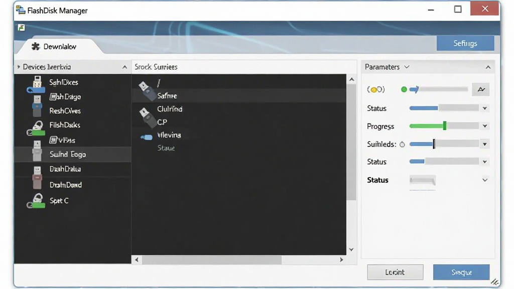 һ��չʾ FlashDisk Manager ��������ĸ���ͼƬ������Ϊ������Ļ�ϵ������������ڣ���������Ϊ�������������Ϊ�豸ʶ���б����Ҳ�Ϊ����������壬�Ű��������򣬷��Ϊ�ִ��Ƽ��б�ƽ����ƣ�ϸ�ڰ���U��ͼ�ꡢ��������״ָ̬ʾ�ơ��˵���ť������ɾ��޶���Ԫ�أ������������ֱ��ʸߣ��ʺ���������վչʾ��