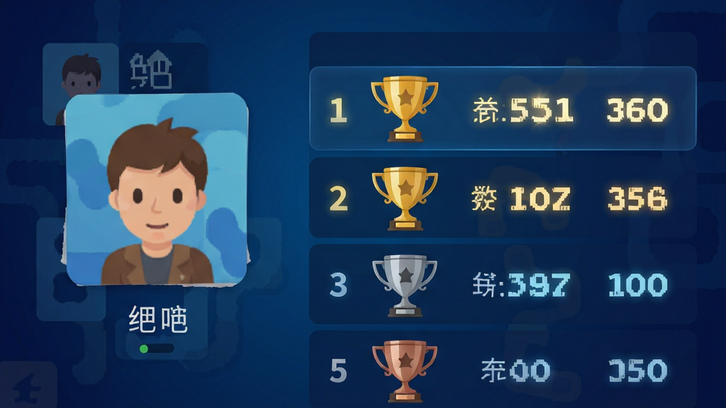经典贪吃蛇全球排行榜界面示意图,画面左侧显示玩家头像和昵称,右侧是排名列表,前三名有金银铜奖杯图标,背景为深蓝色渐变,布局清晰,采用扁平化设计风格,细节包括分数数字的发光效果和奖杯的金属质感,画质清晰干净,无多余元素
