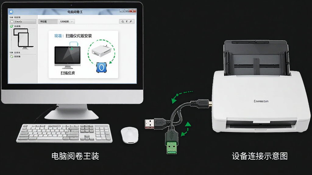 �����ľ��� ɨ���ǰ氲װ���豸����ʾ��ͼ������Ϊ���ԡ�ɨ���ǡ�USB�����ߣ�����Ϊ��������ɨ�������ҡ������߾��У��Ű�ֱ�ۣ����Ϊ�̳�ʾ��ͼ��ϸ�ڰ�����װ���桢�豸ͼ�ꡢ����ָʾ�������������ɾ����޶���Ԫ��