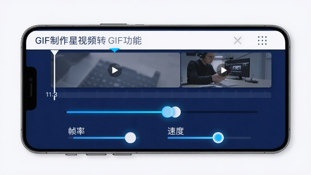 GIF��������ƵתGIF���ܽ��棬�ֻ���Ļ��ʾ��Ƶʱ����ͽ�ȡ���飬�·���֡�ʵ��ں��ٶȵ���ѡ�����������Ƶ����ͼԤ����������ɫΪ�������ɫ���䣬�����ɾ����࣬���Ƽ���ʮ�㣬ϸ���ϻ��������ɫ���Σ������������ɾ����޶���Ԫ��