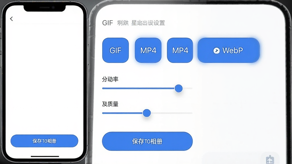 GIF�����ǵ������ý��棬�ֻ���Ļ��ʾ������ʽѡ��GIF��MP4��WebP����ѡ��·��зֱ��ʺ��������飬�ײ��б��浽��ᰴť�����汳��Ϊ��ɫ������Լ�ɾ���ϸ���ϰ�ť��Բ����ƺ���ɫ��䣬�����������ɾ����޶���Ԫ��