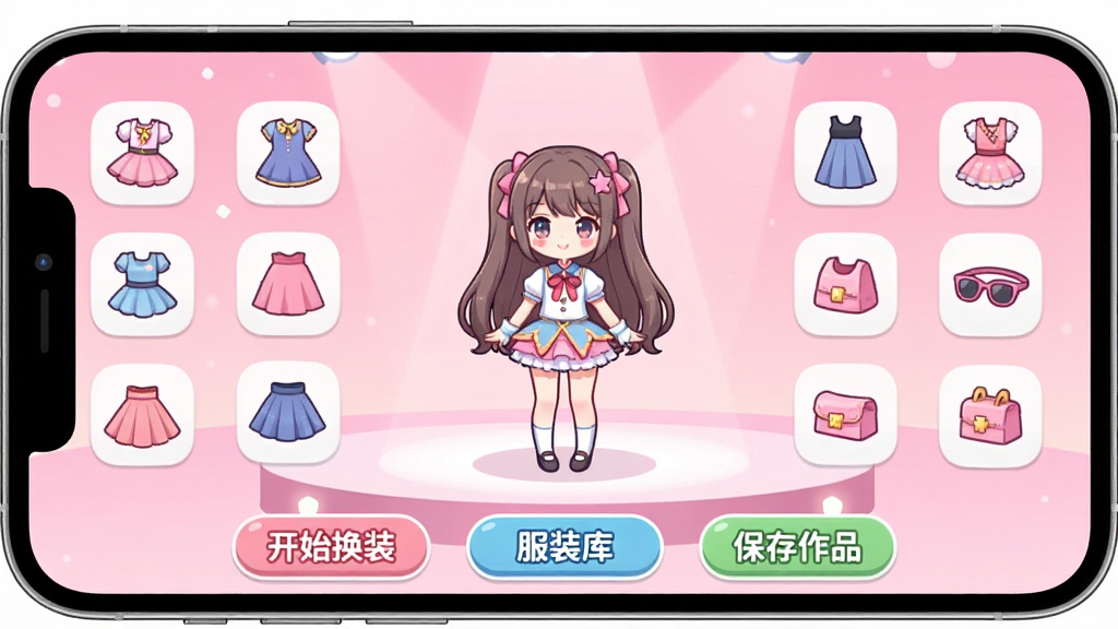 一张手机屏幕展示动漫换装秀应用主界面,画面中央是一个可爱的动漫女孩角色站在舞台中央,周围环绕着各种服装、裙子和配饰图标,背景是柔和的粉色渐变,界面底部有“开始换装”“服装库”“保存作品”等按钮,整体风格清新可爱,二次元卡通风,色彩明亮,画质清晰,干净整洁,无多余元素