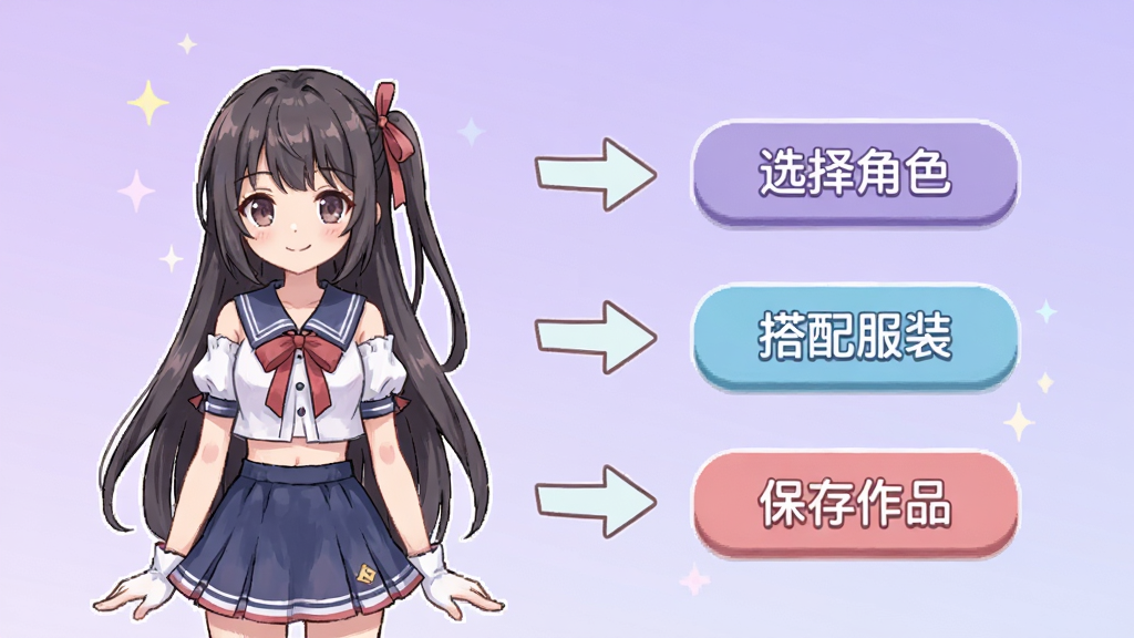 动漫换装秀应用内新手引导界面,画面中有一个动漫女孩角色和几个操作提示箭头,分别指向“选择角色”“搭配服装”“保存作品”按钮,背景为浅紫色渐变,界面简洁友好,二次元风格,画质清晰,干净无多余元素