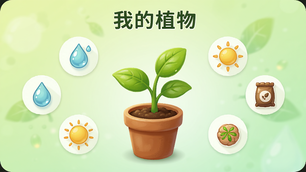 һ����Ϊ�ҵ�ֲ����ֻ�Ӧ�ý��棬����������һ��������������ɫСֲ���Χ������ˮ�Ρ����⡢���ϵ�����Ԫ��ͼ�꣬����Ϊ����ɫ���䣬�������������ϸ�ڷḻ�����ʸɾ��������޶���Ԫ��
