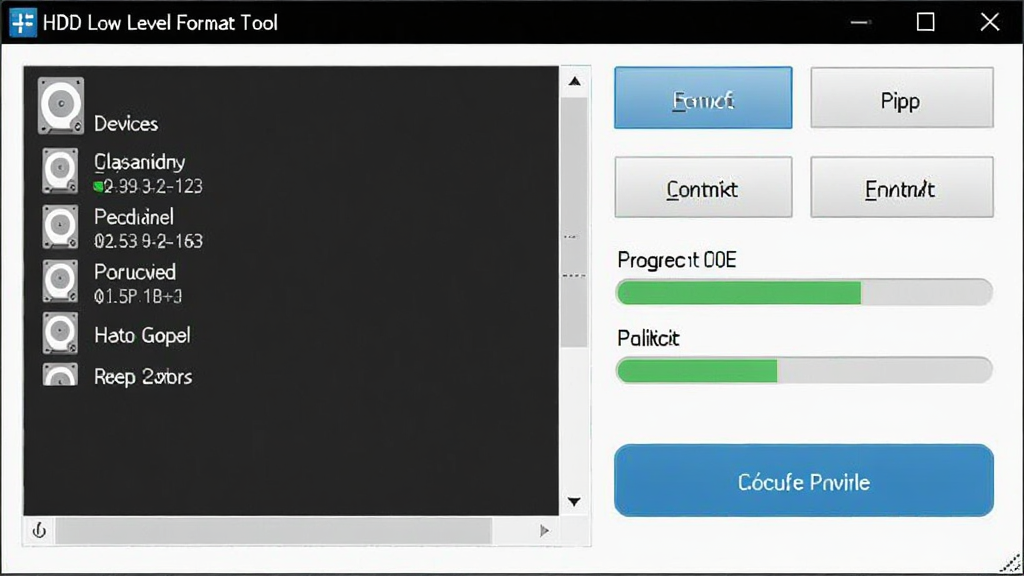 �������� HDD Low Level Format Tool �������ͼ������Ϊ�����������ڣ�����Ϊ����豸�б����Ҳ๦�ܰ�ť���Ű������������Ϊרҵ�����������棬ϸ�ڰ���Ӳ��ͼ�ꡢ����������ʽ����ť�����������ɾ��޶���Ԫ��