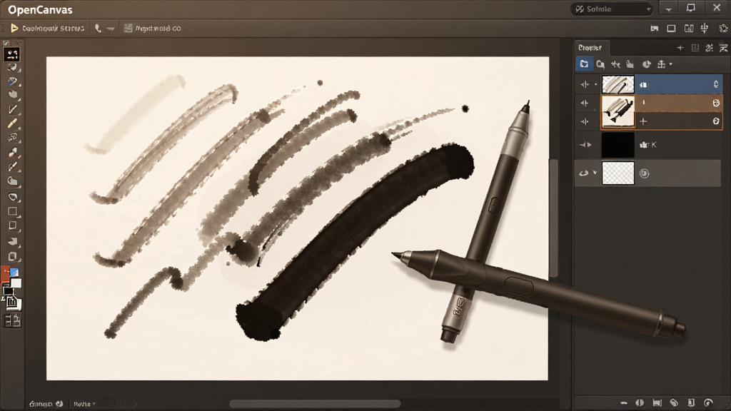 OpenCanvasѹ�бʴ���ʾ���棬��������ʾ��ϸ��������������ᴥ����ѹ�������Ե�ī���仯���Ա߷���һ֧ѹ�бʣ�������ͼ����������ɼ����ͼ�����Ч����������Ϊ�滭��ѧ��ʾͼ��ɫ����ů��ϸ�ڷḻ�����廭�ʣ��ɾ��޶���Ԫ�ء�
