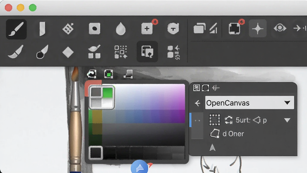 OpenCanvas����������д��չʾ�������и��໭��ͼ�ꡢ��ɫѡ������ͼ����ģʽ�����˵������沼��������ͼ����Ƽ���׶�������Ϊǳɫ������ɾ����࣬ͻ����������������ֱ���ԣ����廭�ʣ��޶���װ��Ԫ�ء�