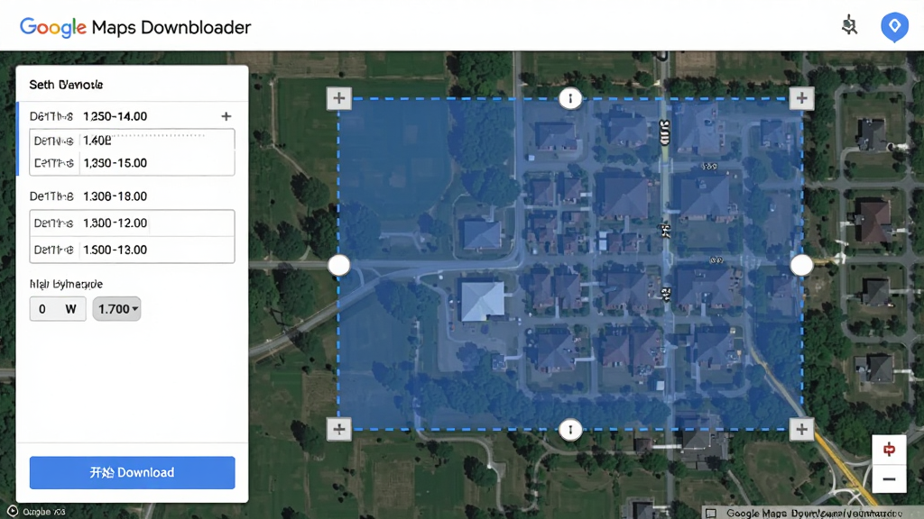 һ��չʾ Google Maps Downloader �����ѡ���ܵ�ͼƬ����������Ϊ��ͼ���棬��ͼ����һ����͸������ɫ����ѡ�򸲸�������Ӱ���ϣ�ѡ��߽�����ק���Ƶ㣬��������ʾ��γ�������ͼ��������Ƭ�������ײ��п�ʼ���ذ�ť������Ϊ��ͼռ����Ҫ���򣬿��������������࣬���Ϊʵ�ù���������ͼ��ϸ�ڰ���������ֵ��ѡ�����߱߿򣬻����������ɾ����޶���Ԫ��