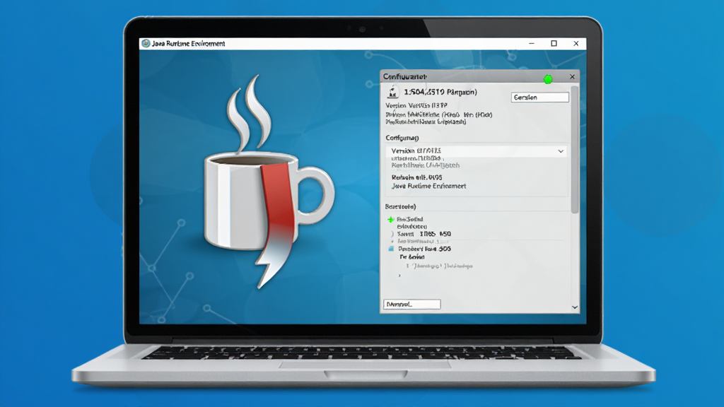 Java Runtime Environment����������Ԥ��ͼ������Ϊһ̨�򿪵ıʼǱ����ԣ���Ļ����ʾJava��־�Ե��������ȱ�ͼ������л������ý��棬���ֲ��þ��й�ͼ���Ű������������Ϊ�ִ��Ƽ��У�ϸ�ڰ�����ɫ���䱳���������汾��Ϣ��������״ָ̬ʾ�ƣ����ʸ��壬�ɾ����޶���Ԫ��