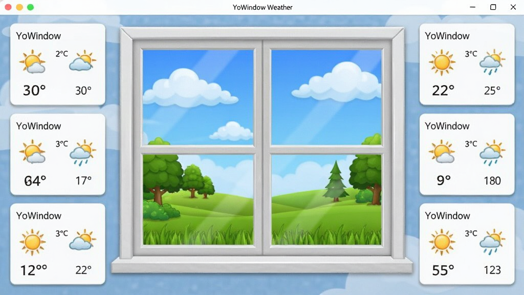 YoWindow��̬�������������棬����Ϊһ�����ⴰ��չʾ����羰������Ϊ����󴰼�������������С��Ƭ���Ű���ֱ�ۣ����Ϊдʵ��ͨ�ںϷ磬ϸ�ڰ���������ơ������ݵء��¶����֡�����ͼ�꣬���ʸ���ɾ��޶���Ԫ��