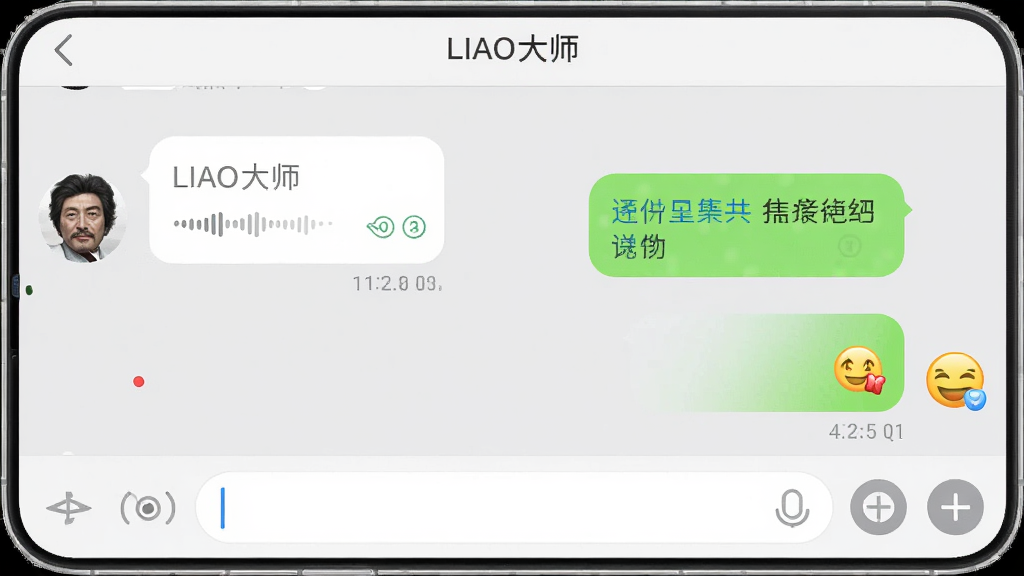 手机聊天界面展示“LIAO大师”对话窗口,左侧为对方发来的语音消息气泡,右侧为用户发送的文字和表情,底部有输入框和加号功能按钮,背景为柔和的浅灰色,风格干净清爽,细节包括已读状态和时间戳,画质高清,干净,无多余元素