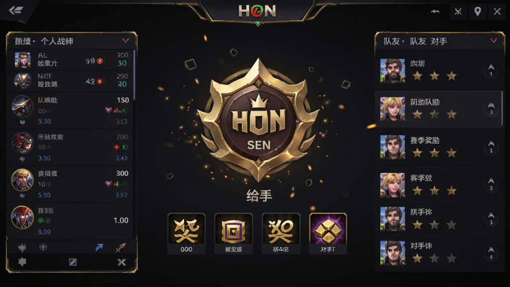 ����Ӣ�ۣ�HON����λ��������棬��������չʾ��λ��������������ͼ�꣬���Ϊ����ս��������壬�Ҳ�Ϊ��������ֵ������б������Ϊ����������ɫUI��ϸ�ڰ�����ɫ�߿�װ���붯̬����Ч���������������ɾ��޶���Ԫ��