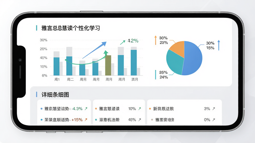雅言慧读个性化学习报告页面,画面以手机屏幕为中心,屏幕内显示柱状图与饼图,背景为白色与浅灰色搭配,布局采用上下分区,上方为数据总览,下方为详细条目,风格商务简洁,细节包含百分比数字与趋势箭头,画质干净清晰,无多余元素