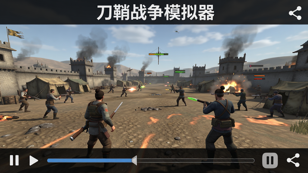 刀鞘战争模拟器战斗回放界面,画面展示一个3D战场视角,屏幕下方有播放进度条和暂停按钮,画面角落有分享图标,背景是战场全景,顶部显示