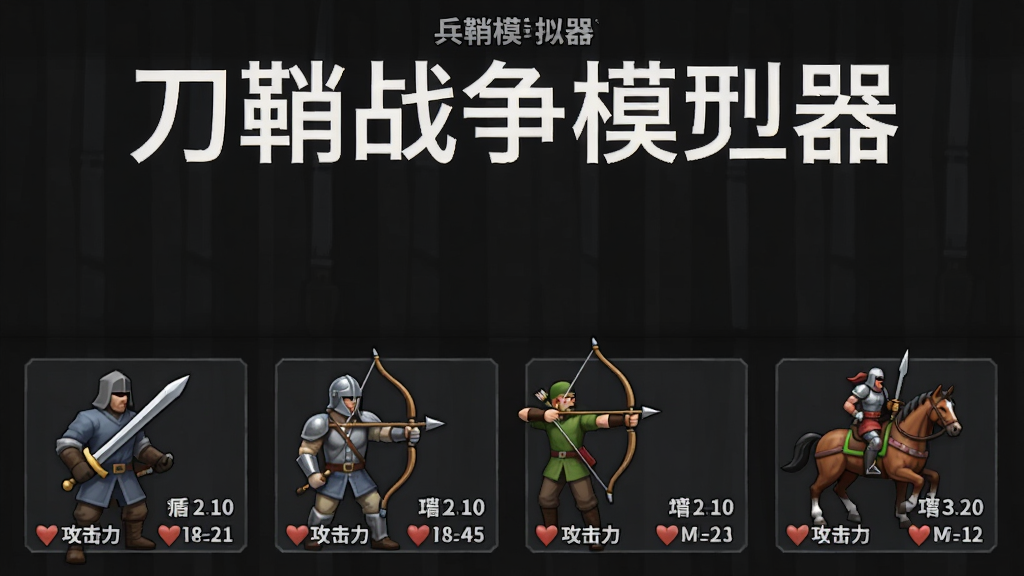 刀鞘战争模拟器兵种选择界面,画面展示多个兵种图标排列在屏幕下方,包括剑士、盾兵、弓箭手、骑兵等,每个兵种旁边标注有攻击力和生命值数值,背景是简洁的深色界面,上方显示